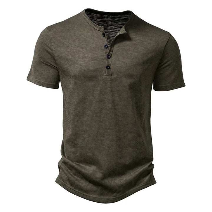 Herr Henley Neck T-shirt med Knappkrage - Avslappnad Slim Fit Bekväm Topp för Vardagsbruk med Korta Ärmar