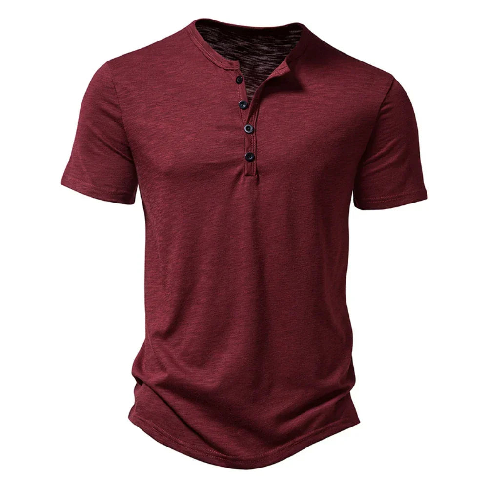 Herr Henley Neck T-shirt med Knappkrage - Avslappnad Slim Fit Bekväm Topp för Vardagsbruk med Korta Ärmar