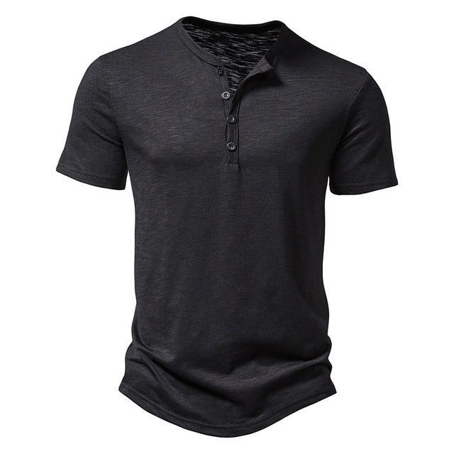 Herr Henley Neck T-shirt med Knappkrage - Avslappnad Slim Fit Bekväm Topp för Vardagsbruk med Korta Ärmar