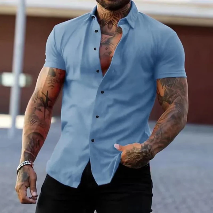 Herr Slim-Fit Kortärmad Skjorta – Smart Sommarskjorta för Avslappnad Användning