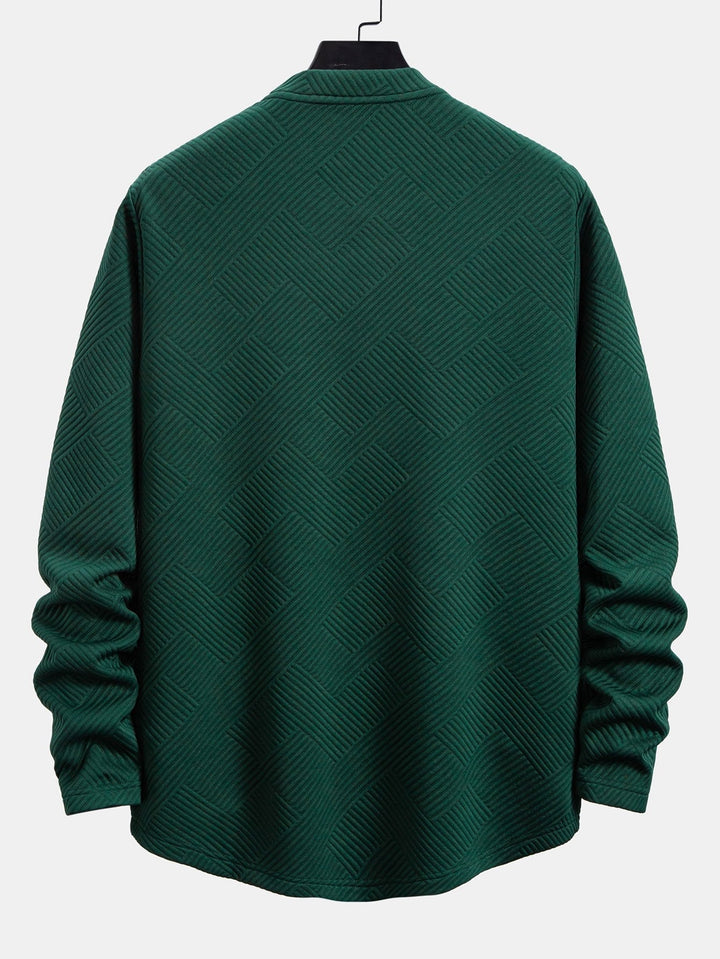Herr Stretch Jacquard Långärmad T-shirt – Texturerad Crew Neck Casual Lager
