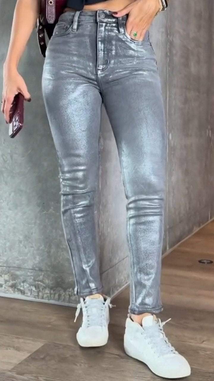 Kvinnors Coated Skinny Jeans Hög Midja Stretch Fit