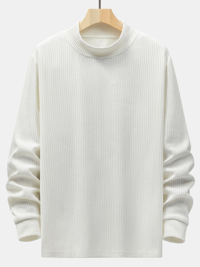 Herrens Ribbad Mock Neck Tröja – Stretch Rayon Blandning för Höst och Vinter