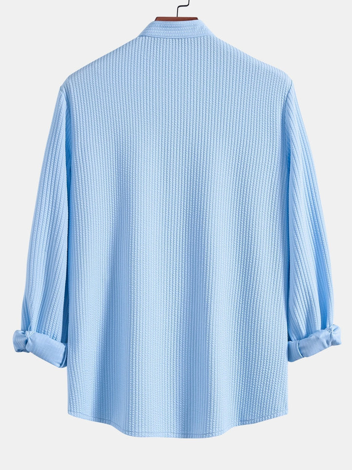 Herrens Ribbad Ståkrage Skjorta och Rakbenade Byxor – Stretch Smart Casual Set