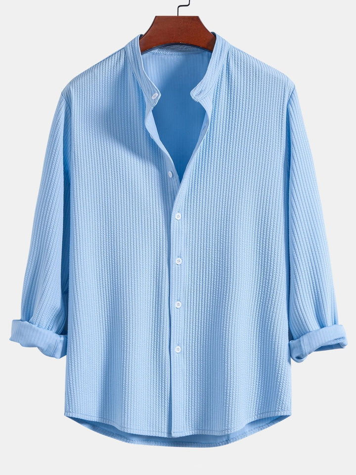 Herrens Ribbad Ståkrage Skjorta och Rakbenade Byxor – Stretch Smart Casual Set