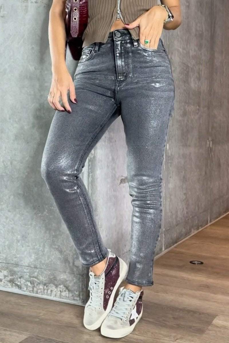 Kvinnors Coated Skinny Jeans Hög Midja Stretch Fit