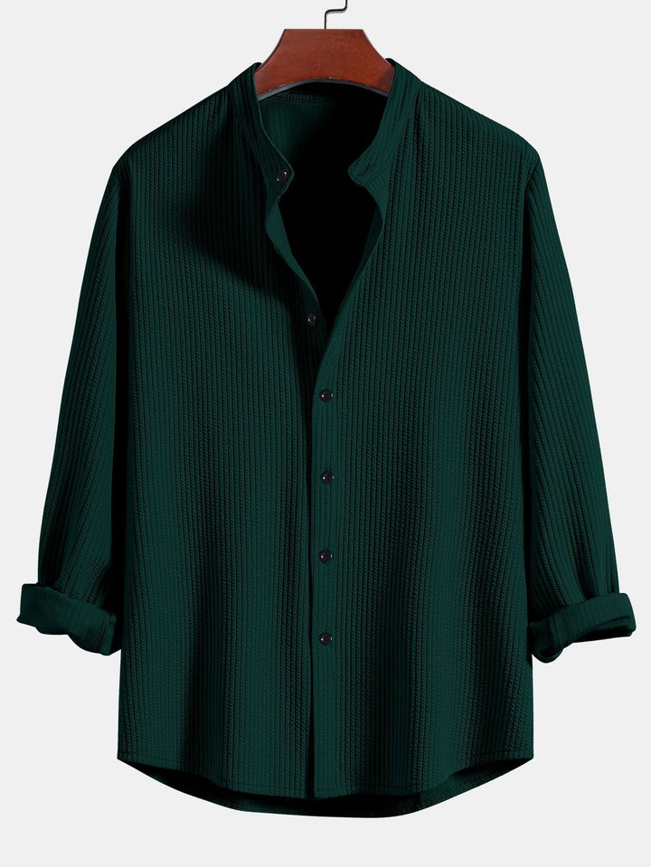 Herrens Ribbad Ståkrage Skjorta och Rakbenade Byxor – Stretch Smart Casual Set