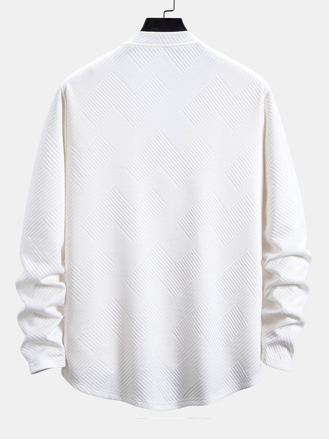 Herr Stretch Jacquard Långärmad T-shirt – Texturerad Crew Neck Casual Lager