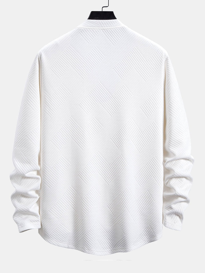 Herr Stretch Jacquard Långärmad T-shirt – Texturerad Crew Neck Casual Lager
