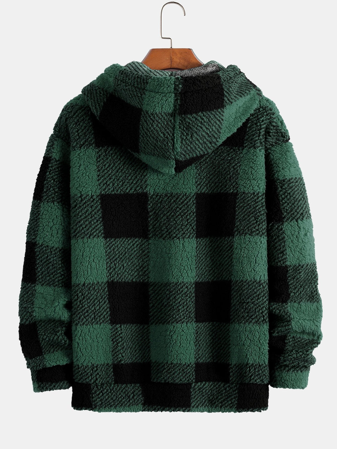 Herrars rutiga teddy fleece träningsdräkt – Huva tvådelad set med raka byxor