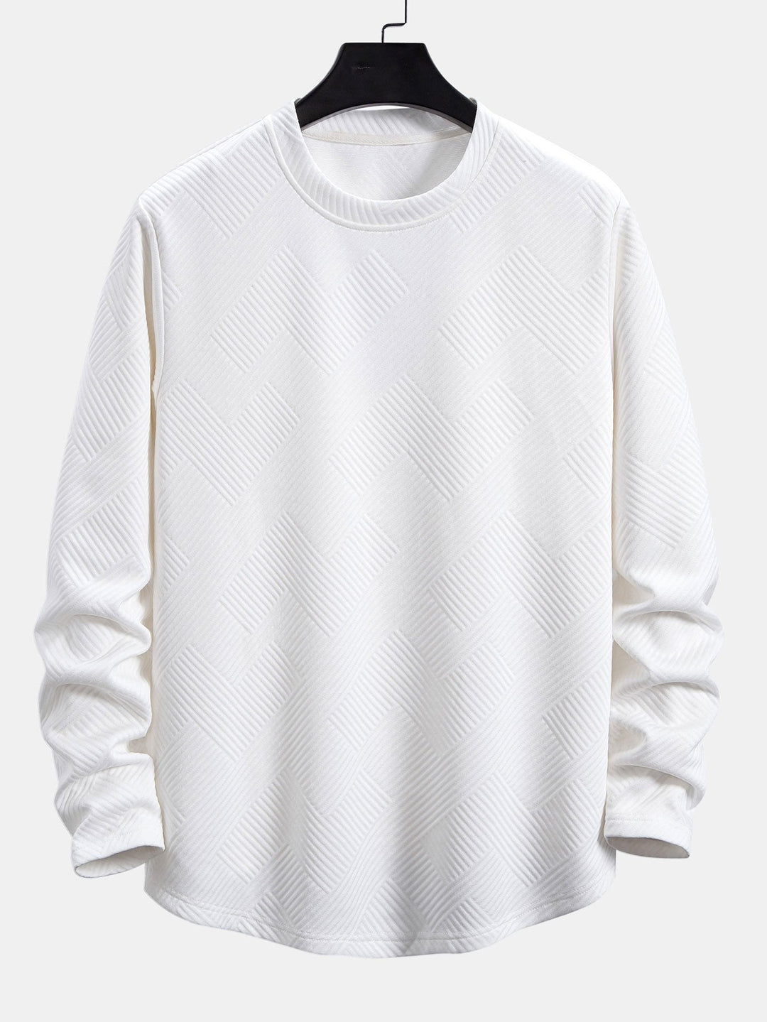 Herr Stretch Jacquard Långärmad T-shirt – Texturerad Crew Neck Casual Lager