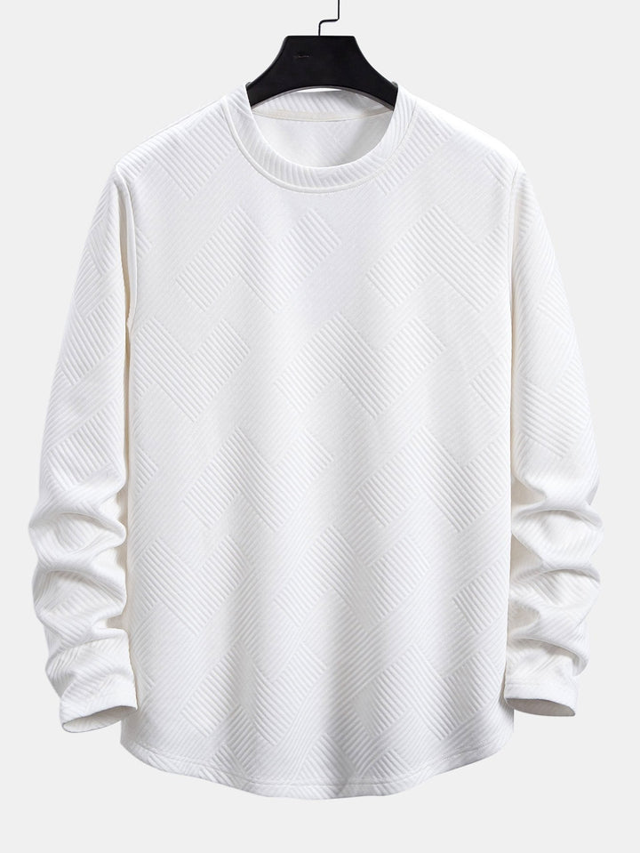Herr Stretch Jacquard Långärmad T-shirt – Texturerad Crew Neck Casual Lager