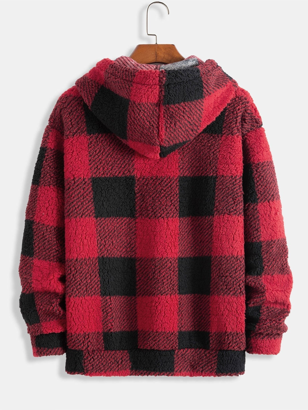 Herrars rutiga teddy fleece träningsdräkt – Huva tvådelad set med raka byxor