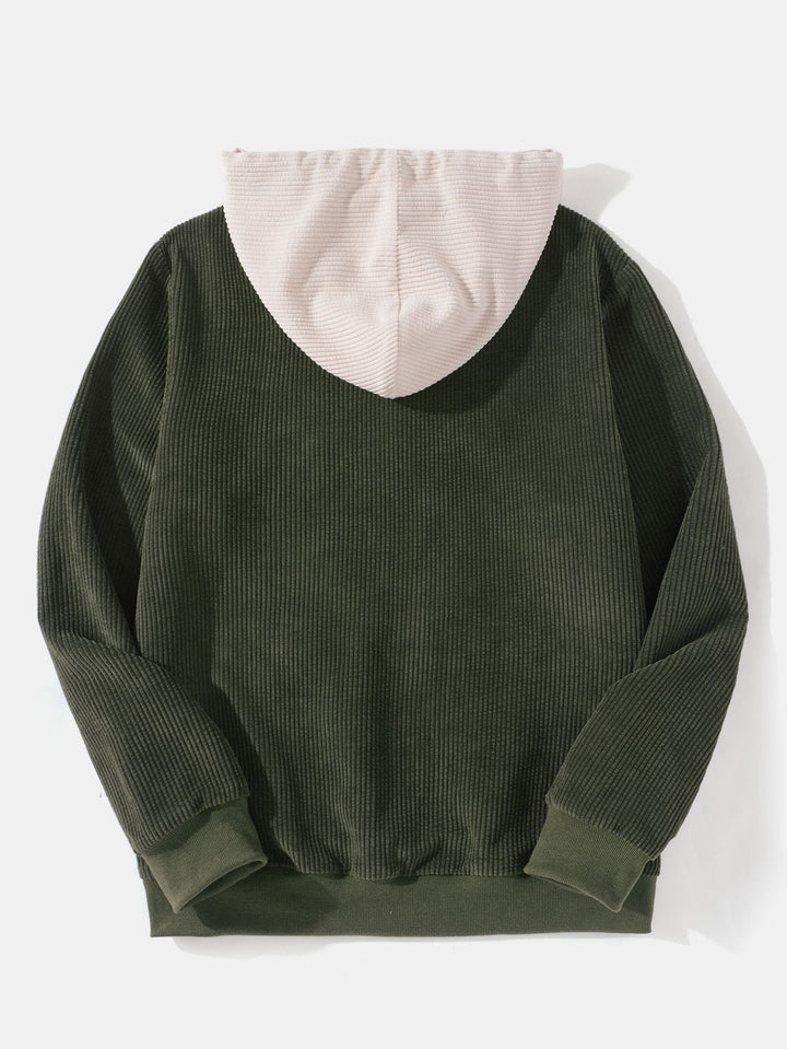 Mäns Corduroy Cargo Träningsdräkt – Patchwork Hoodie Set för Avslappnad Utility Styling