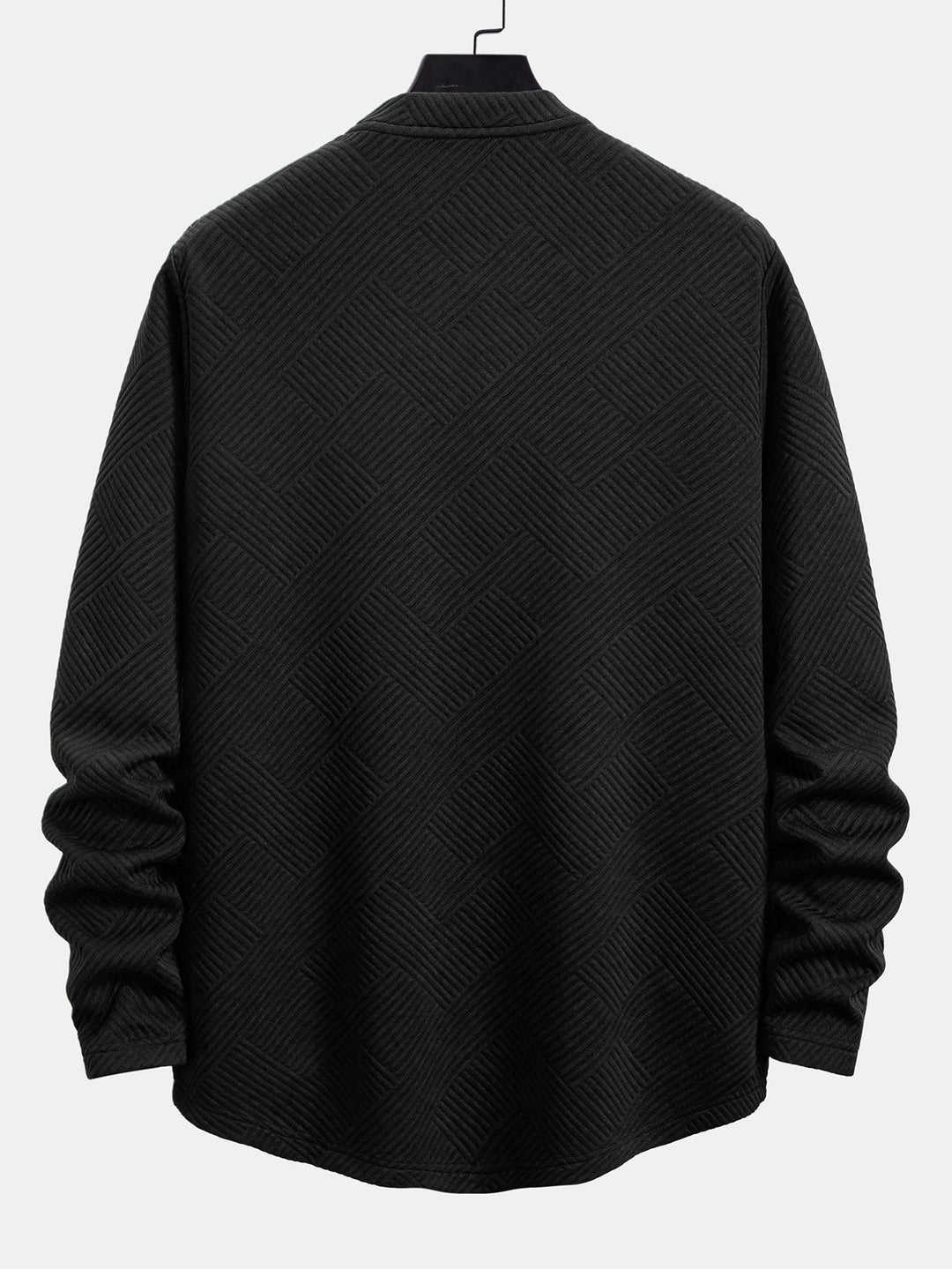 Herr Stretch Jacquard Långärmad T-shirt – Texturerad Crew Neck Casual Lager