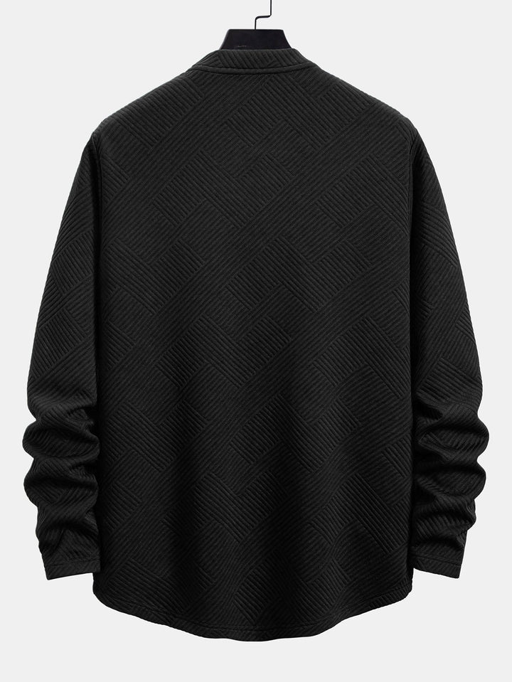 Herr Stretch Jacquard Långärmad T-shirt – Texturerad Crew Neck Casual Lager