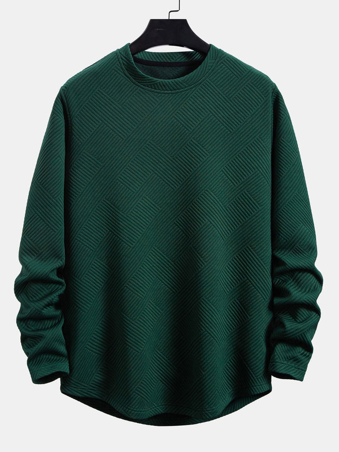 Herr Stretch Jacquard Långärmad T-shirt – Texturerad Crew Neck Casual Lager