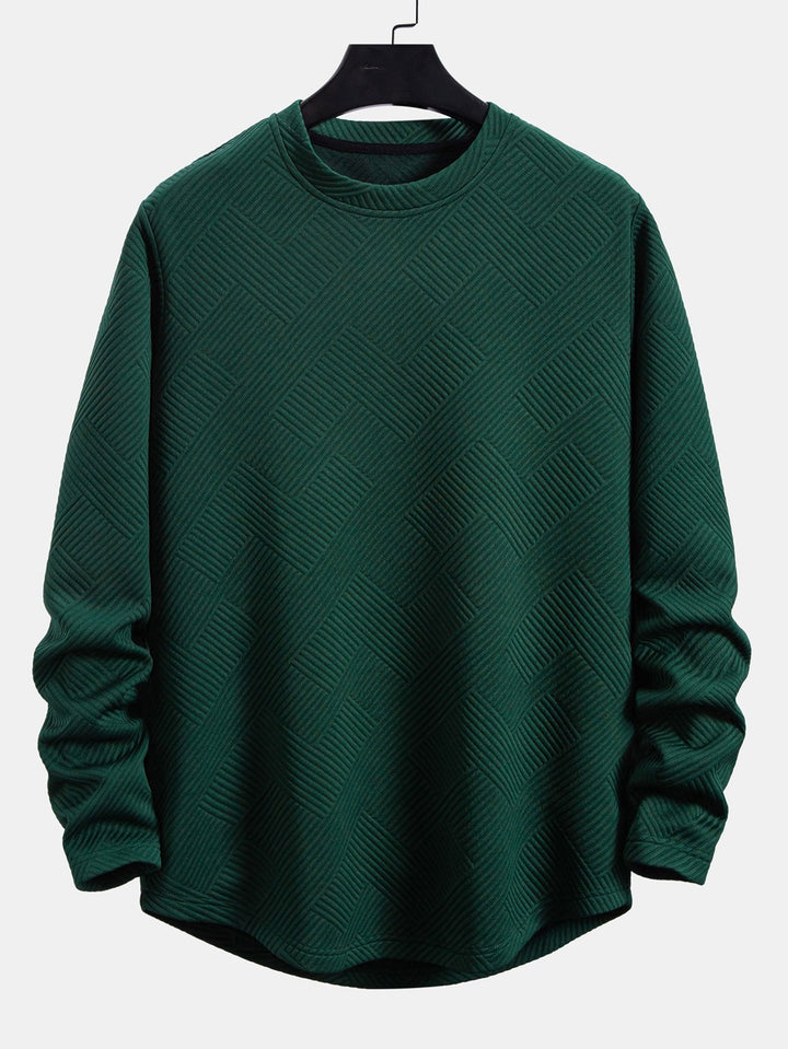 Herr Stretch Jacquard Långärmad T-shirt – Texturerad Crew Neck Casual Lager