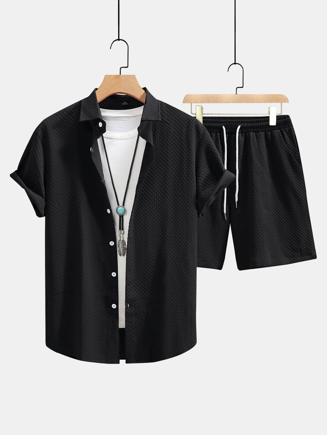 Herrtexturerad skjorta och shorts med dragsko – Regular fit sommaroutfit