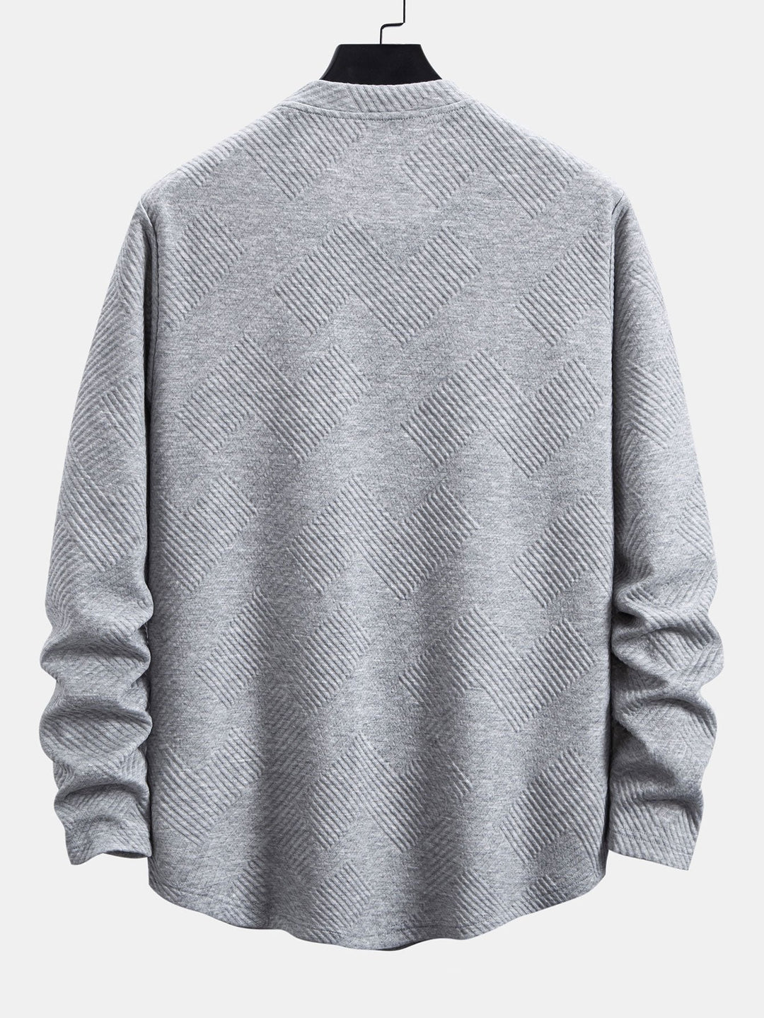 Herr Stretch Jacquard Långärmad T-shirt – Texturerad Crew Neck Casual Lager