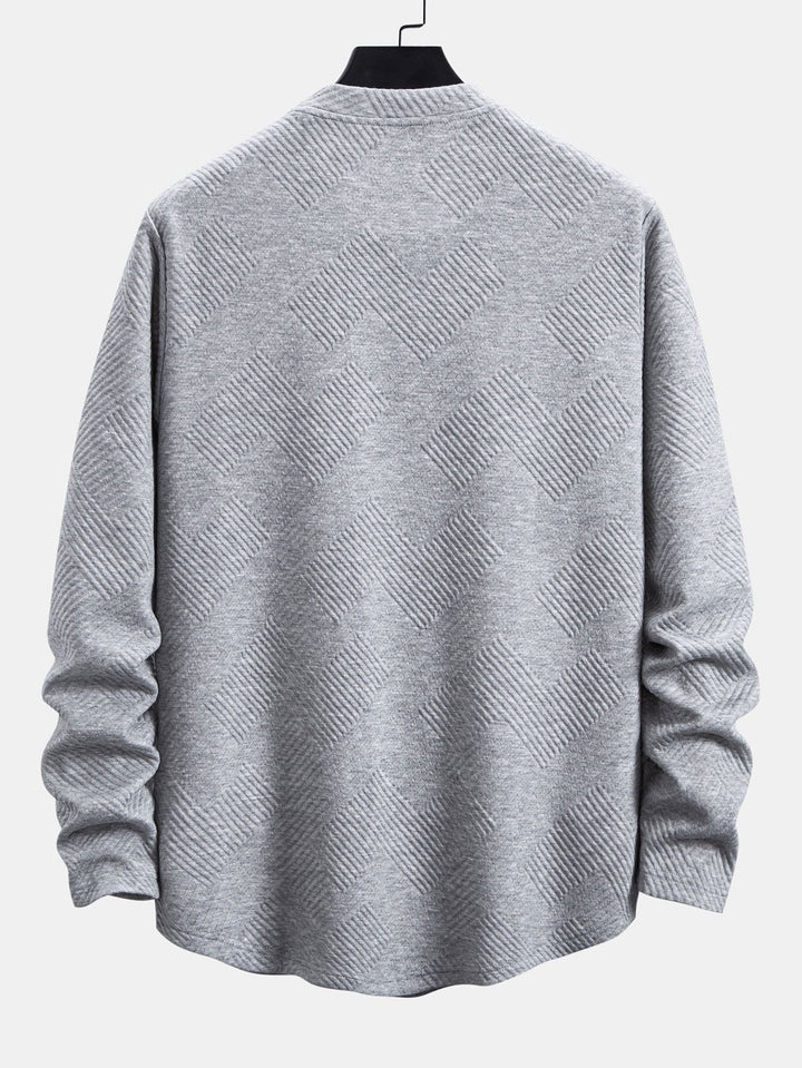 Herr Stretch Jacquard Långärmad T-shirt – Texturerad Crew Neck Casual Lager