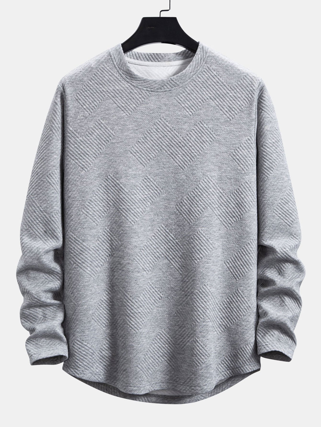 Herr Stretch Jacquard Långärmad T-shirt – Texturerad Crew Neck Casual Lager