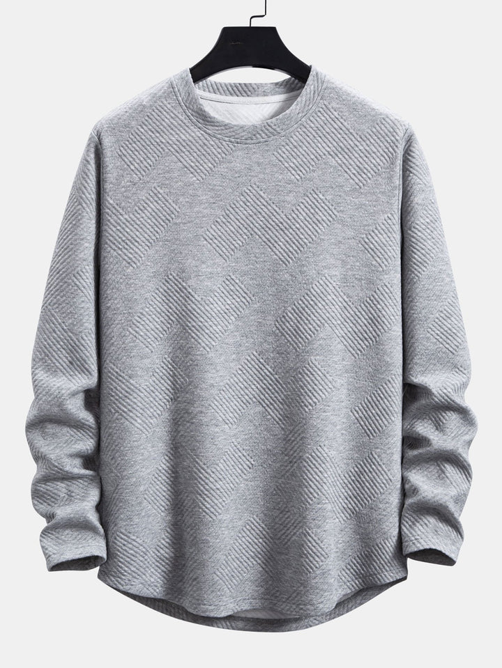 Herr Stretch Jacquard Långärmad T-shirt – Texturerad Crew Neck Casual Lager