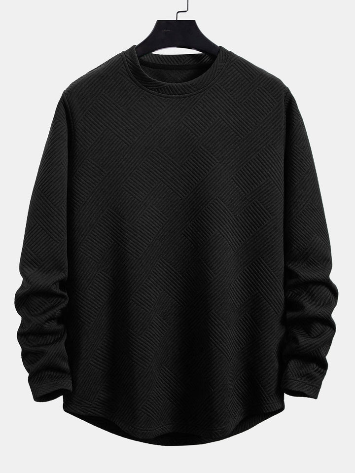 Herr Stretch Jacquard Långärmad T-shirt – Texturerad Crew Neck Casual Lager