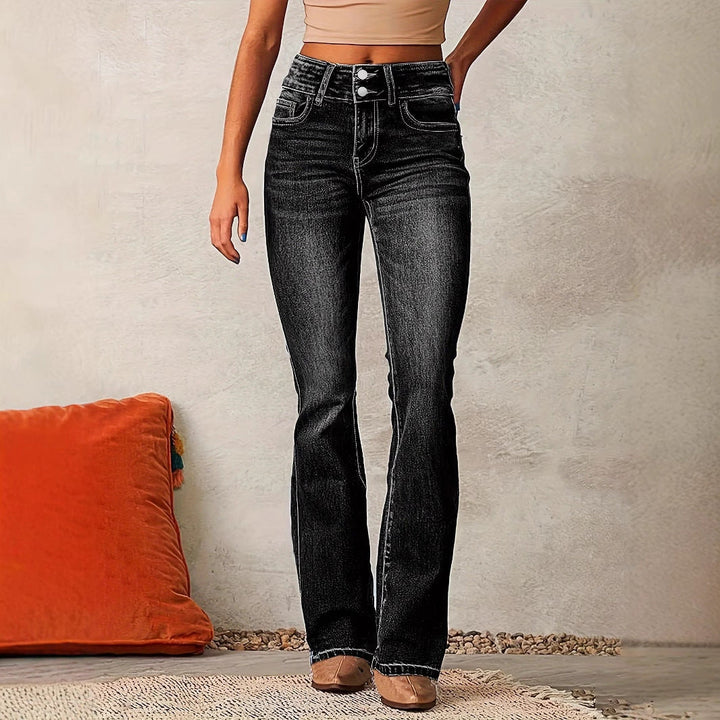 Kvinnors Dubbelknappad Hög Midja Bootcut Jeans