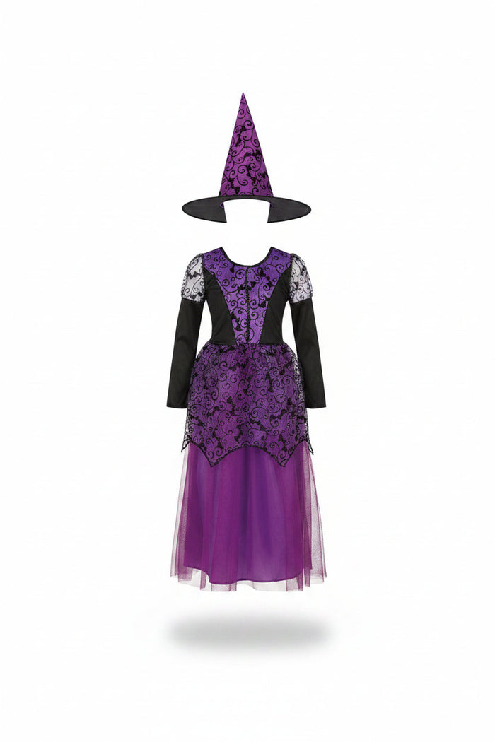 Barnens Lila Fladdermus Häxa Klänning och Hatt Halloween Kostym
