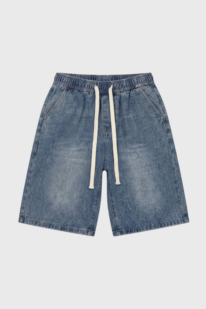 Herr Denim Shorts med Dragsko i Midjan, Avslappnad Passform