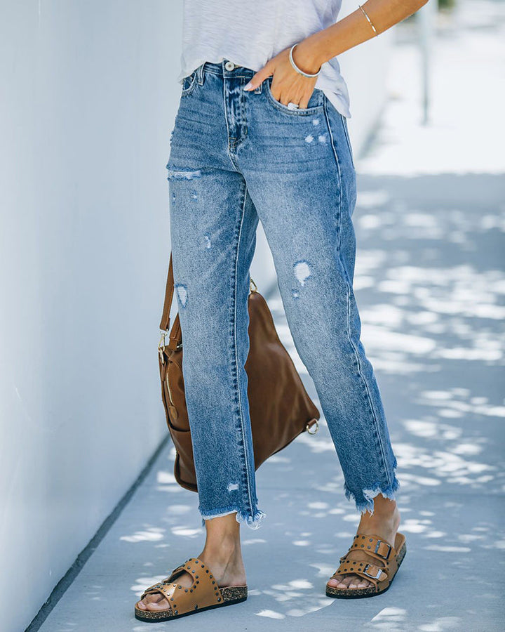 Kvinnors Avskurna Raka Jeans Med Slitna Fransar Casual Chic Vardags Denim Byxor