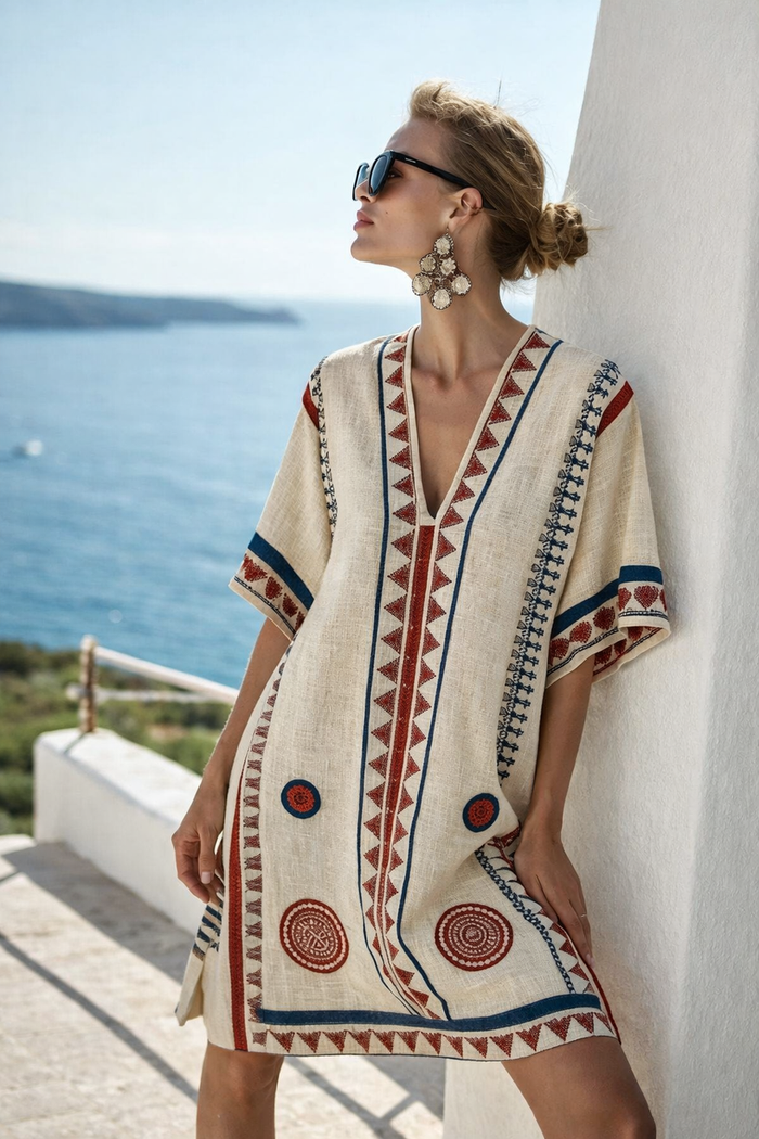 Kvinnors Tryckt V-ringad Kaftan Mini Klänning