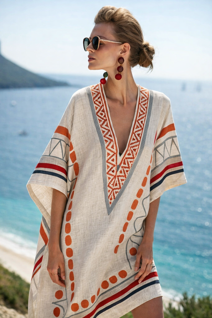 Kvinnors Tryckt V-ringad Kaftan Mini Klänning