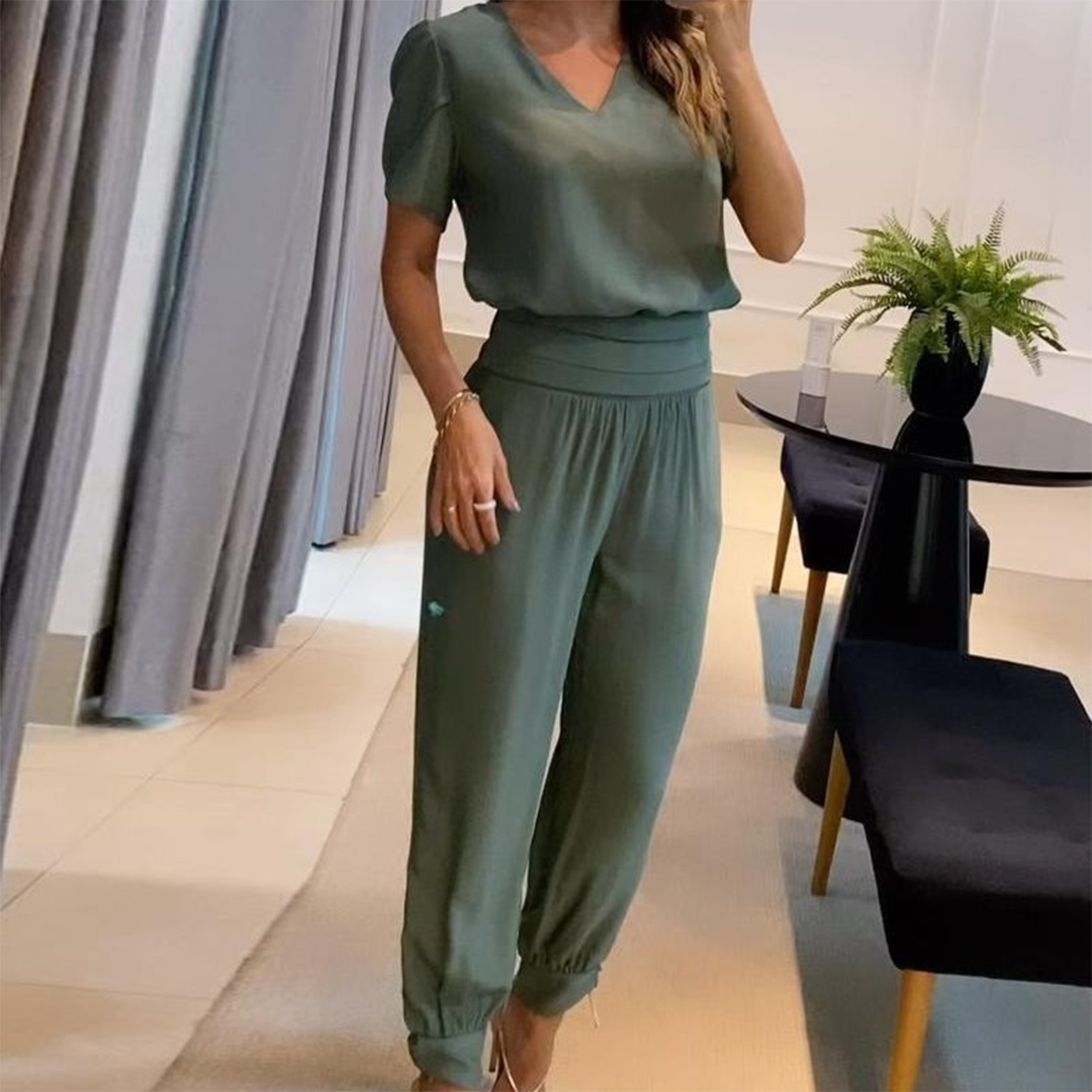 Kvinnors Tryckt Jumpsuit med V-Hals och Knytmidja, Breda Ben, Avslappnad Passform, Stilig Vardagsoutfit