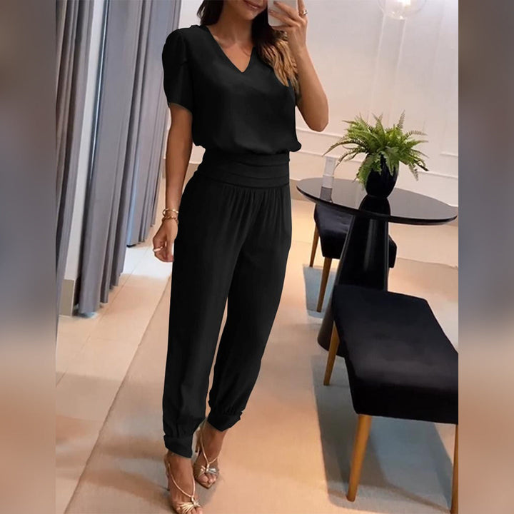 Kvinnors Tryckt Jumpsuit med V-Hals och Knytmidja, Breda Ben, Avslappnad Passform, Stilig Vardagsoutfit