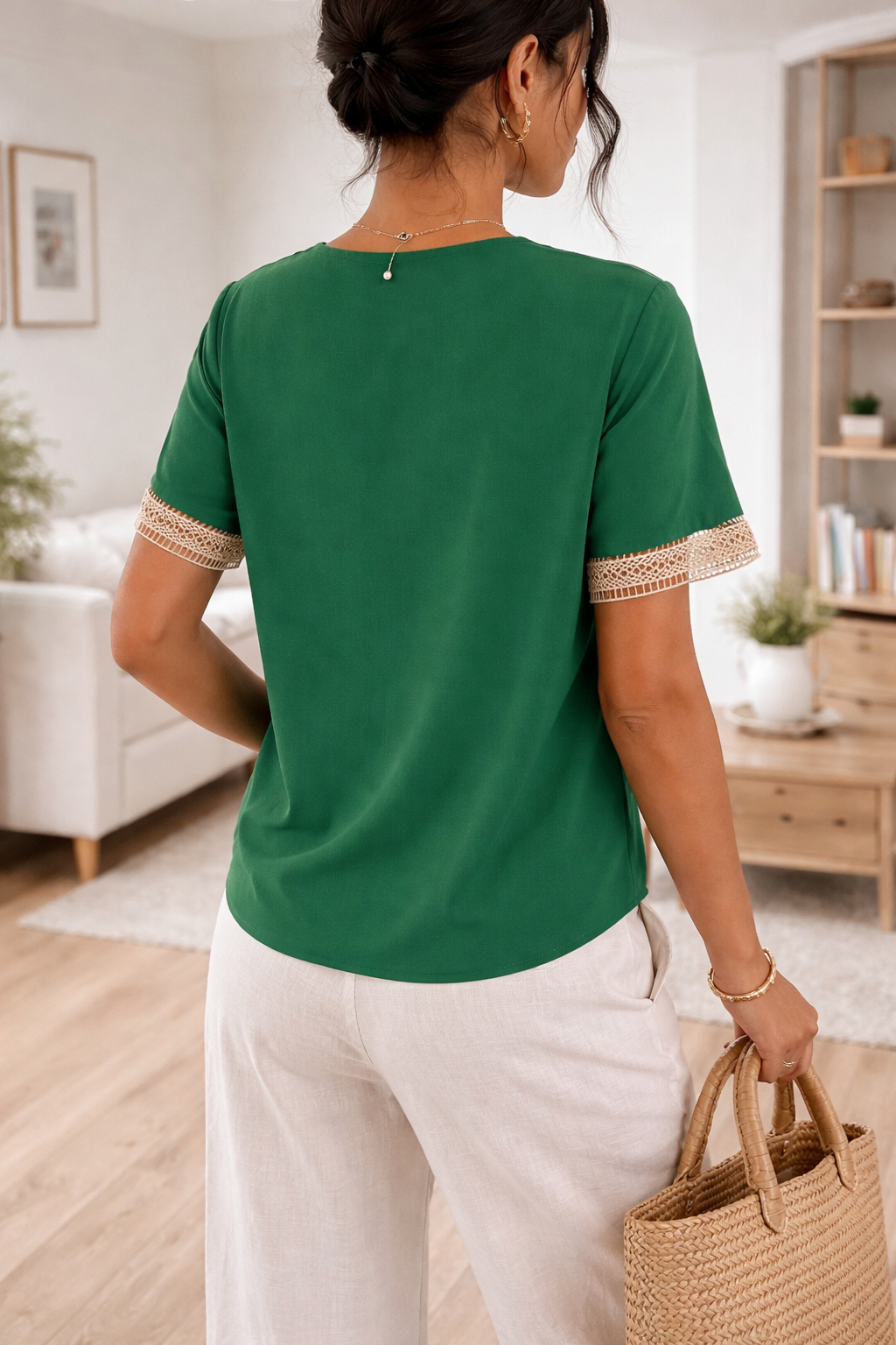 Kvinnors spetsdetaljerad V-ringad blus Elegant kortärmad topp