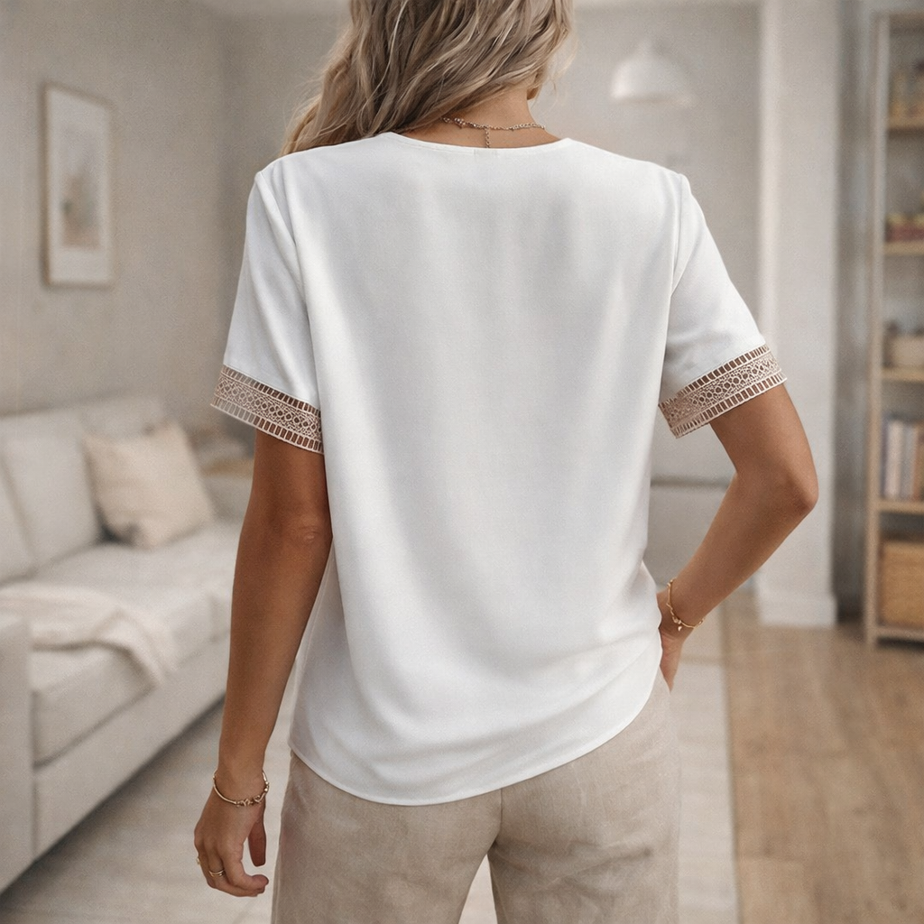 Kvinnors spetsdetaljerad V-ringad blus Elegant kortärmad topp