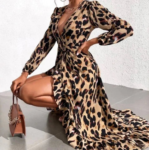 Kvinnors Leopardmönstrad Klänning – Elegant V-ringad A-linje Midi Stilren Casual Klädsel för Tillfällen