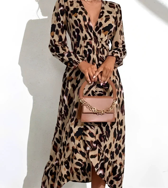 Kvinnors Leopardmönstrad Klänning – Elegant V-ringad A-linje Midi Stilren Casual Klädsel för Tillfällen