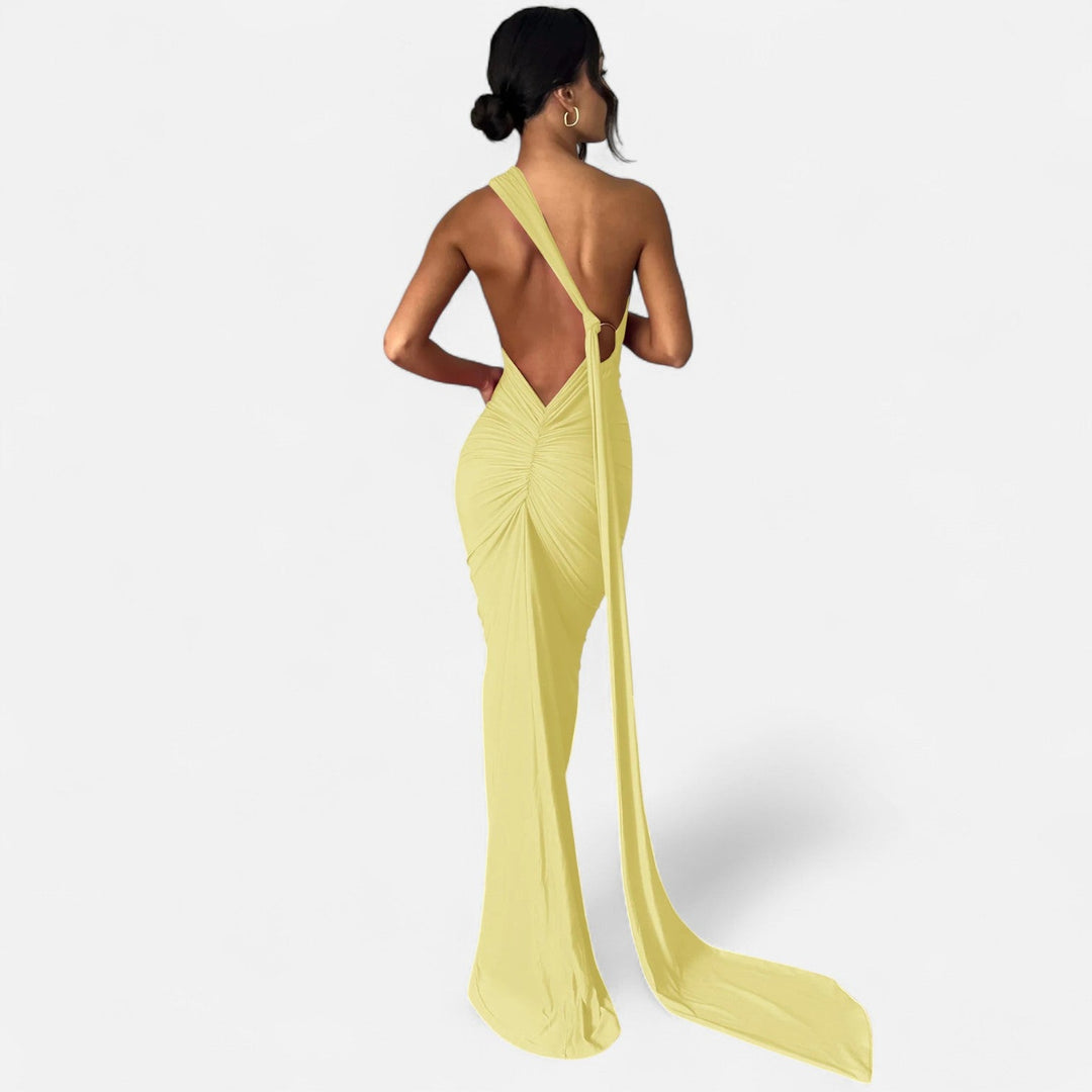 Kvinnors Enaxlad Halterneck Maxi Klänning – Fitted Gown för Kvällsevenemang
