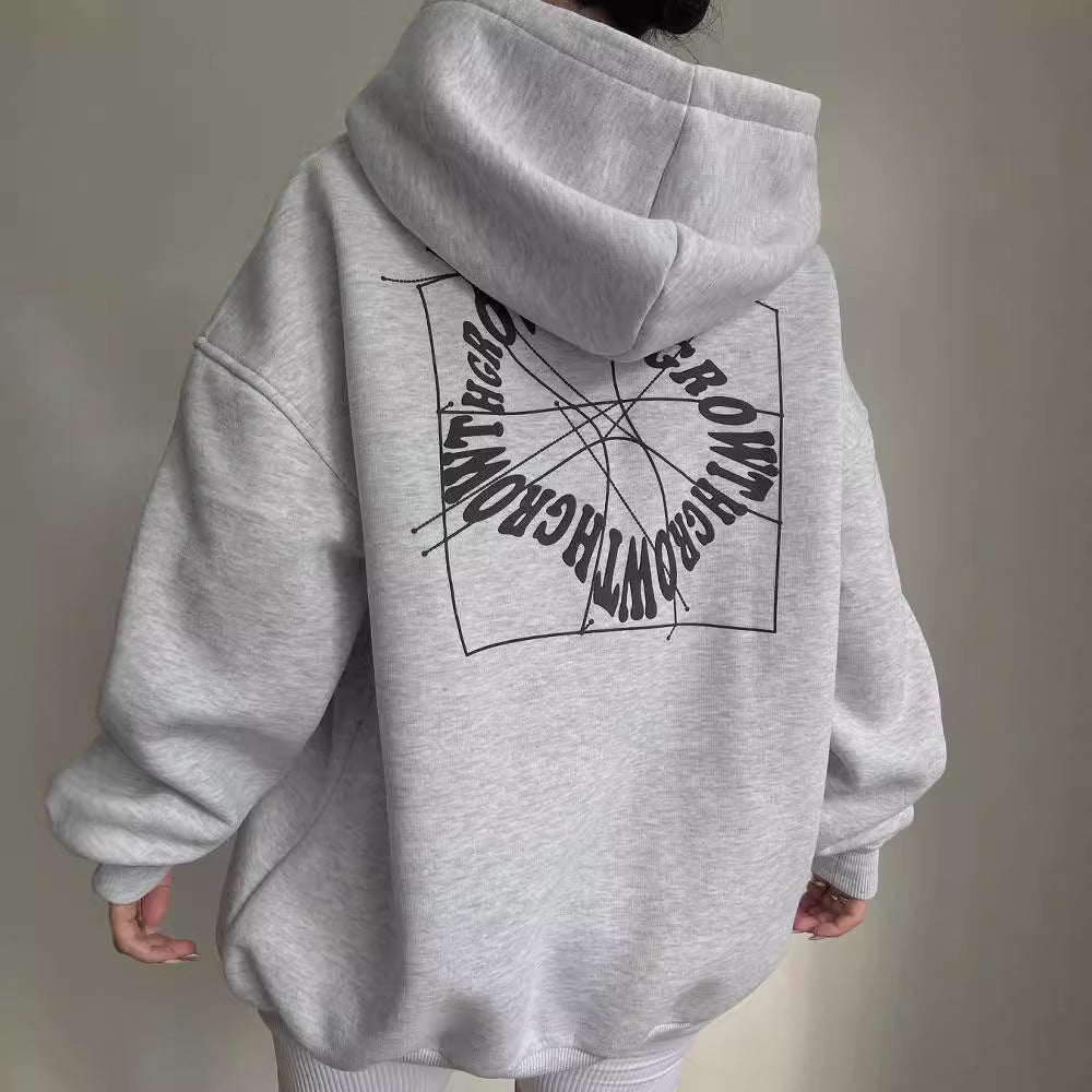 Kvinnors Oversized Tryckt Hoodie – Bomullsblandning Streetwear Lager för Resor och Avslappnade Dagar