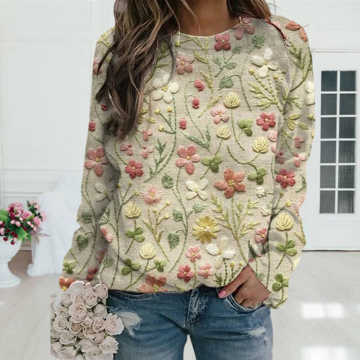 Kvinnors Blommönstrade Broderad Tröja – Bomulls Crew Neck Lätt Vårlig Avslappnad Stickad Klädsel