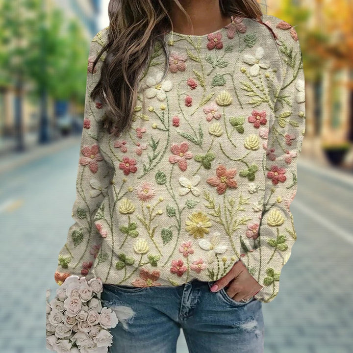 Kvinnors Blommönstrade Broderad Tröja – Bomulls Crew Neck Lätt Vårlig Avslappnad Stickad Klädsel
