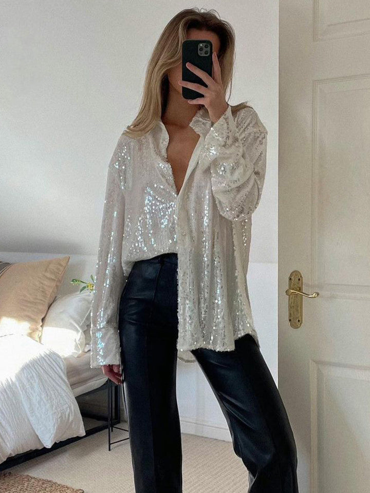 Kvinnors Oversized Paljettblus Glittrande Långärmad Festtop