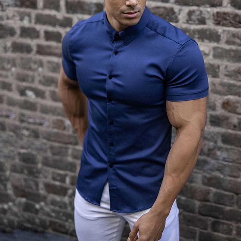 Herr Slim Fit Kortärmad Knapp-up Casual Skjorta