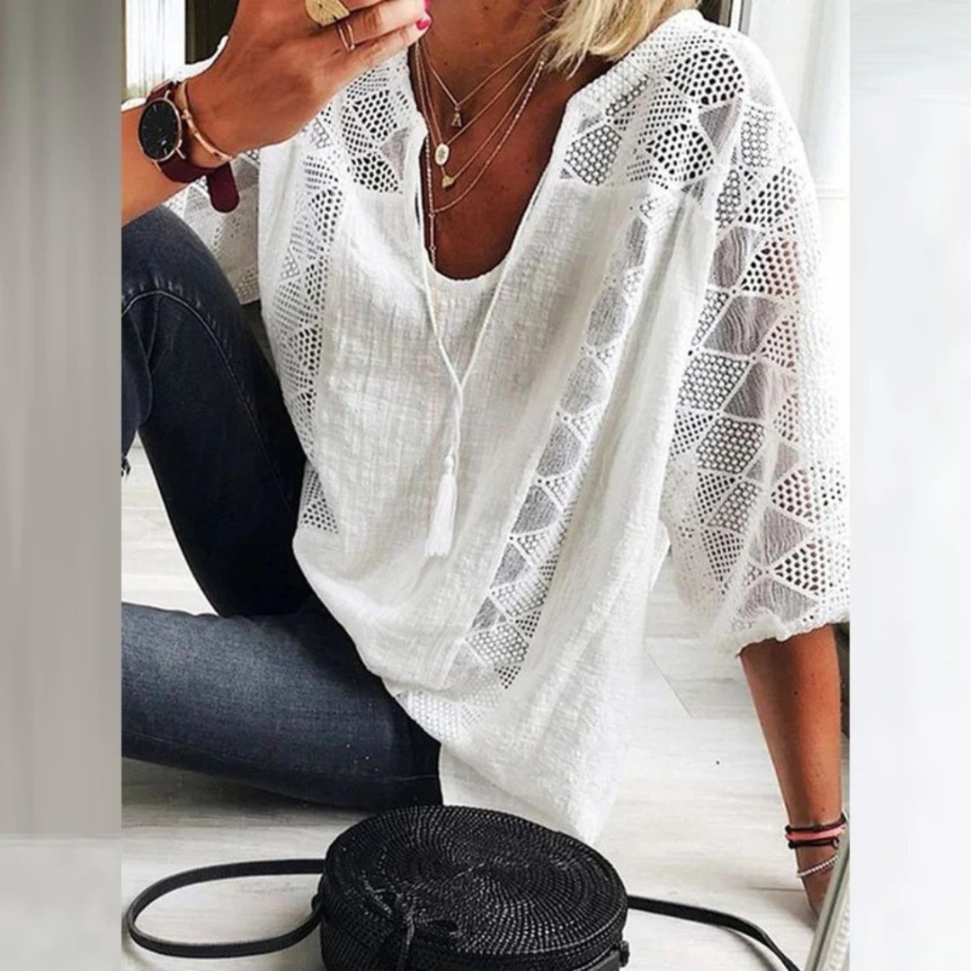 Kvinnors Virkad Detalj Blus – Lätt Avslappnad Boho Top för Sommarbruk