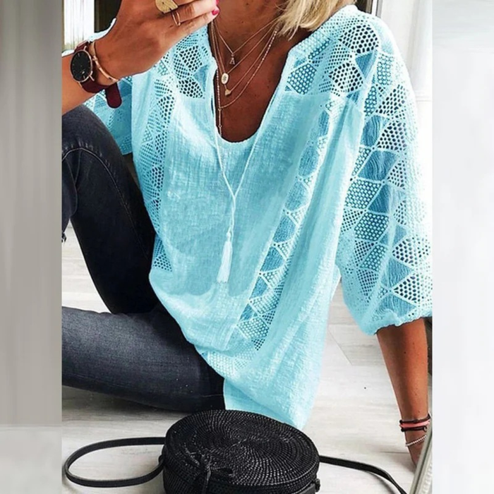 Kvinnors Virkad Detalj Blus – Lätt Avslappnad Boho Top för Sommarbruk
