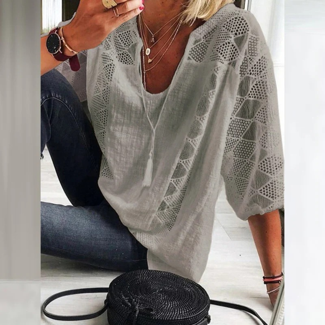 Kvinnors Virkad Detalj Blus – Lätt Avslappnad Boho Top för Sommarbruk