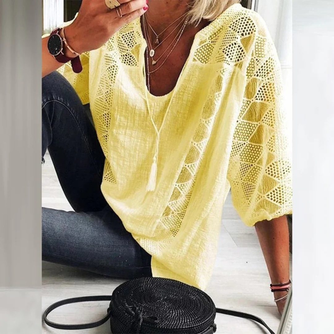 Kvinnors Virkad Detalj Blus – Lätt Avslappnad Boho Top för Sommarbruk